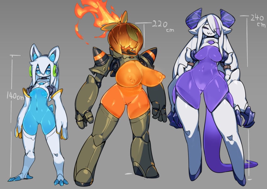 3girls android animal_ears anthro blue_skin breasts colored_skin elbow_gloves elly_(pochincoff) fiery_hair fire gloves grey_background horns humanoid_robot large_breasts long_hair mechanical_arms medium_breasts multiple_girls no_mouth orange_skin orca_(pochincoff) original oversized_limbs pochincoff purple_skin pussy robot see-through_body short_hair shoulder_spikes simple_background small_breasts spikes thighhighs una_(pochincoff) white_hair white_thighhighs