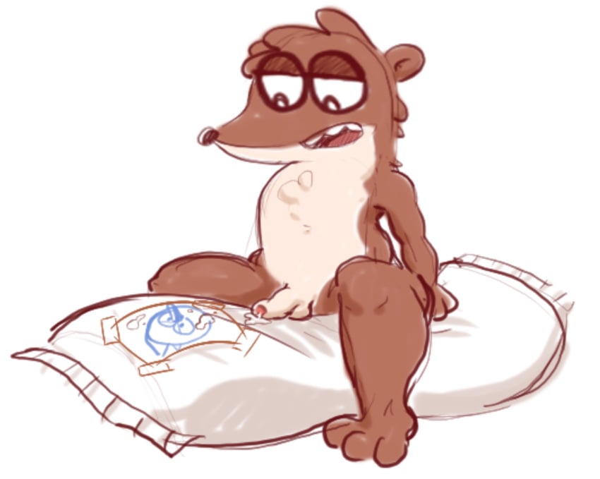 after_sex anthro bodily_fluids body_pillow cartoon_network cum cum_drip dakimakura dakimakura_pillow dripping genital_fluids humanoid lavir looking_down male male/male mordecai_(regular_show) pillow regular_show rigby_(regular_show) solo