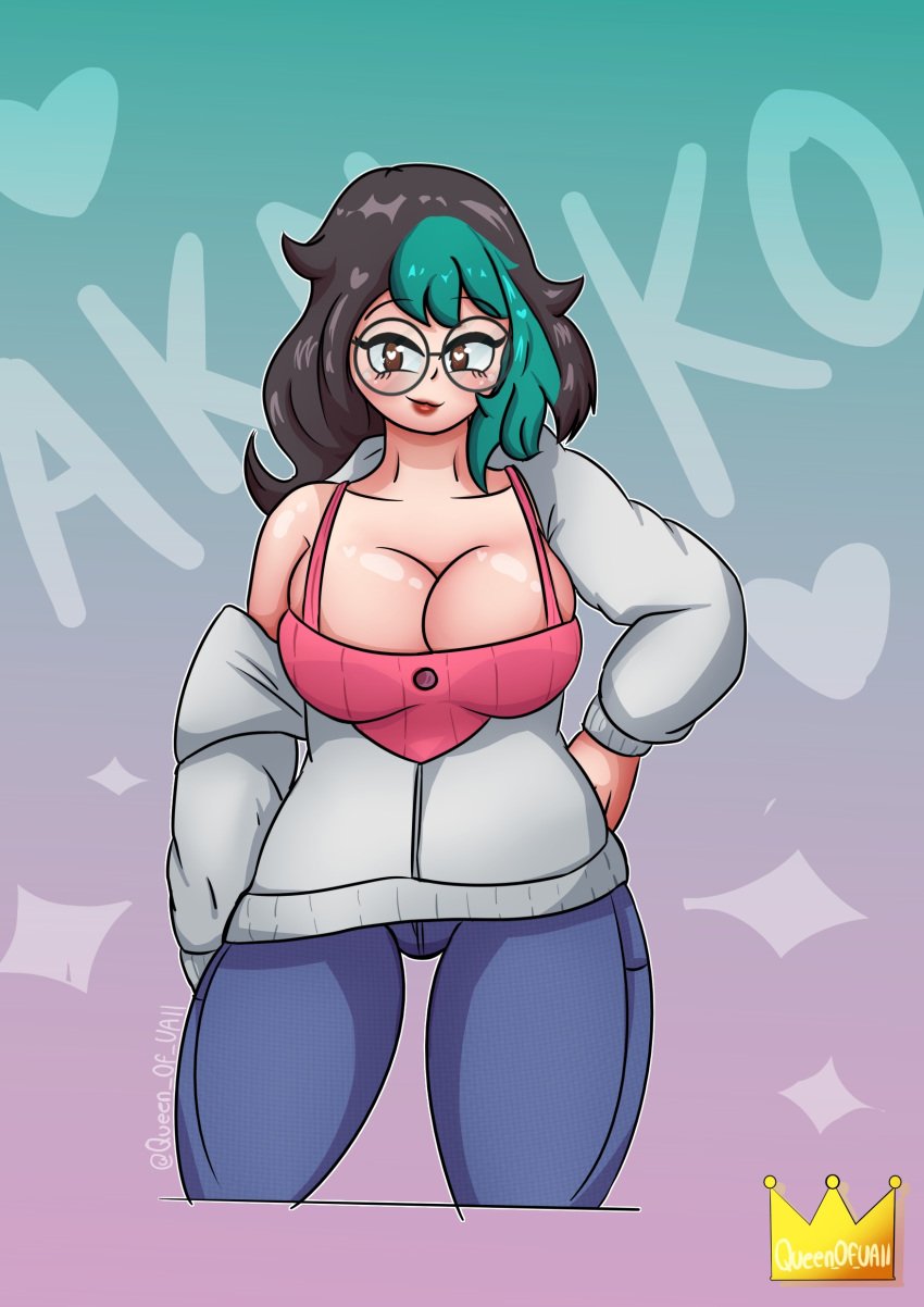 big_breasts black_hair breast_focus brown_eyes clothed clothing glasses original_character queenofuall