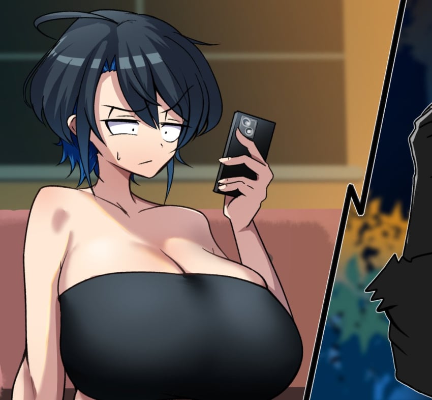 30th_video_rentals ahoge antenna_hair big_breasts black_bra black_hair bra breasts breasts_bigger_than_head breasts_focus cleavage colored confused confused_look holding_object holding_phone huge_boobs huge_breasts indie_virtual_youtuber kataochi_chuuko kataoti_30 large_boobs large_breasts looking_at_phone mob_face nakako_kataochi phone sanpaku short_hair smartphone sweatdrop upper_body virtual_youtuber vtuber