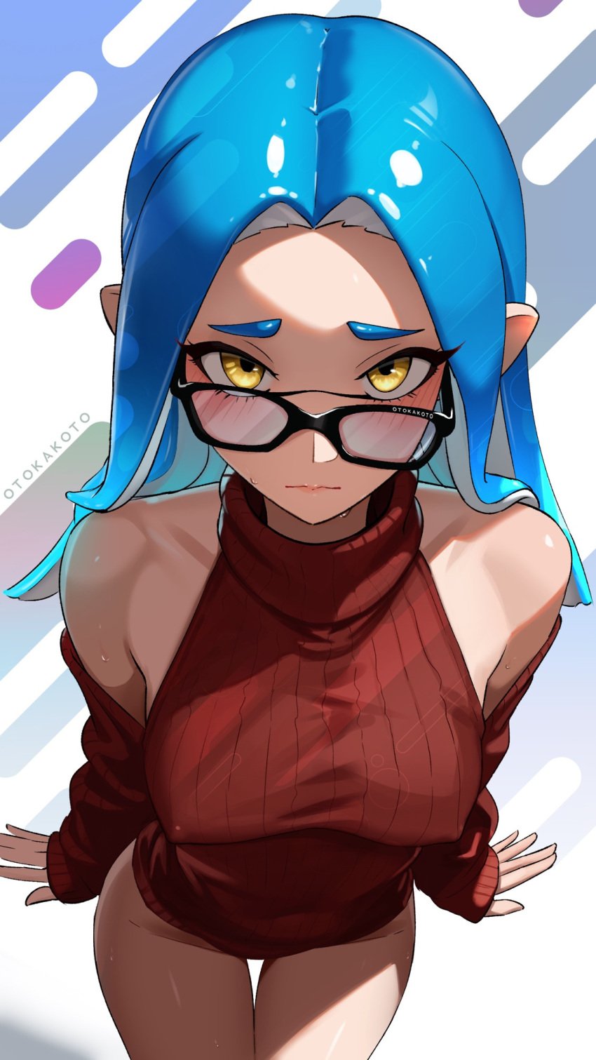 blue_eyebrows blue_hair blue_hair_female blush blush_face blush_lines blushed_face blushing_at_viewer blushing_face blushing_female embarrassed embarrassed_expression embarrassed_female female_focus female_only glasses glasses_off glasses_on_face glasses_on_forehead glasses_on_head inkling inkling_girl legs_closed legs_together looking_up looking_up_at_viewer nervous nervous_expression nervous_face nervous_female nintendo otokakoto shy shy_expression splatoon splatoon_(series) thigh_gap turtleneck yellow_eyes yellow_eyes_female