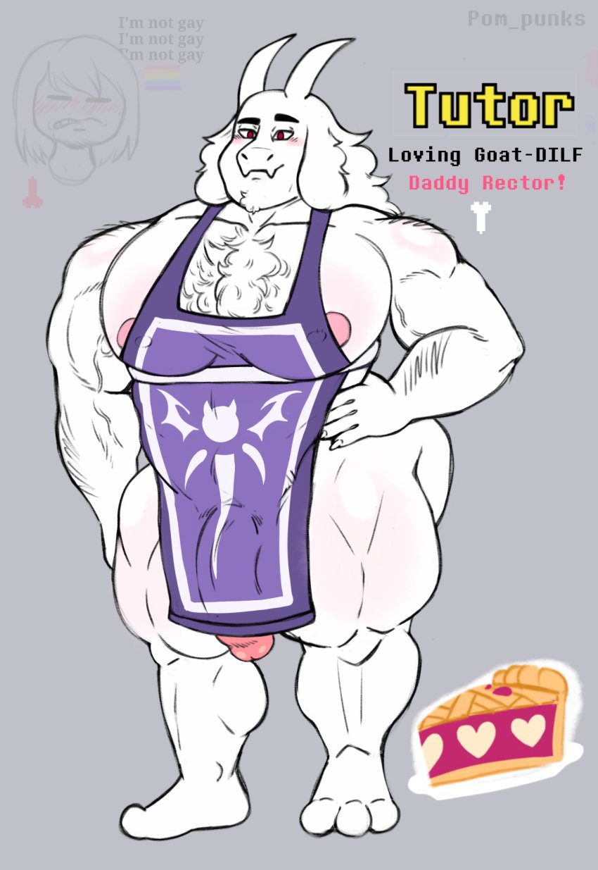 3_toes alternate_universe anthro apron apron_only big_pecs body_hair boss_monster_(undertale) bovid caprine chest_hair clothing duo facial_hair feet food frisky_(under(her)tail) genderswap genderswap_(ftm) goatee hand_on_hip hi_res horn human male mammal muscular muscular_anthro muscular_male nipples pecs peeking_penis pink_nipples pompunks red_eyes rule_63 simple_background solo solo_focus sweets thick_thighs toes toriel tutori under(her)tail undertale undertale_(series)