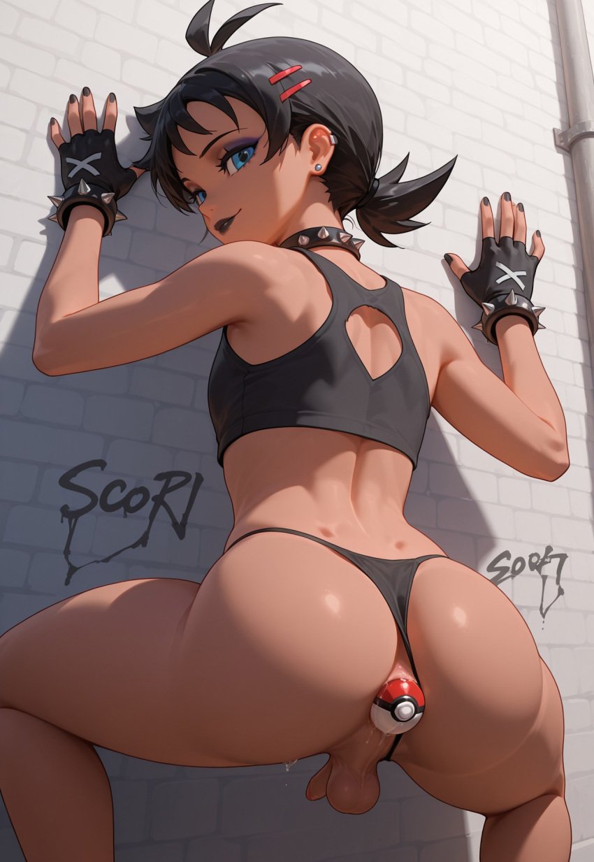 1boy ai_generated back_dimples backsack black_hair black_lipstick black_nail_polish black_nails black_thong blue_eyes croptop dark-skinned_male dark_skin ear_piercing femboy fingerless_gloves goh_(pokemon) goth goth_femboy hairclip leaning_against_wall penis pokeball_in_ass pokemon pokemon_journeys red_hairclip spiked_collar testicles theneji thong trap