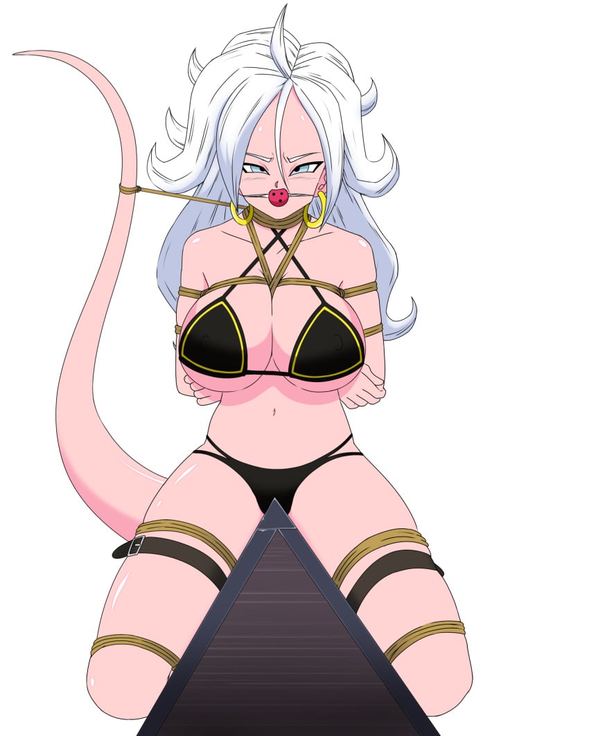 1girls android_21 android_21_(good) arms_behind_back ball_gag bikini black_bikini bondage captured commentary_request defeated dragon_ball dragon_ball_fighterz earrings imminent_rape knees_bent majin_android_21 nuart.3a2 pink_skin sex_slave shonen_jump shueisha slave tail white_background white_hair wooden_horse