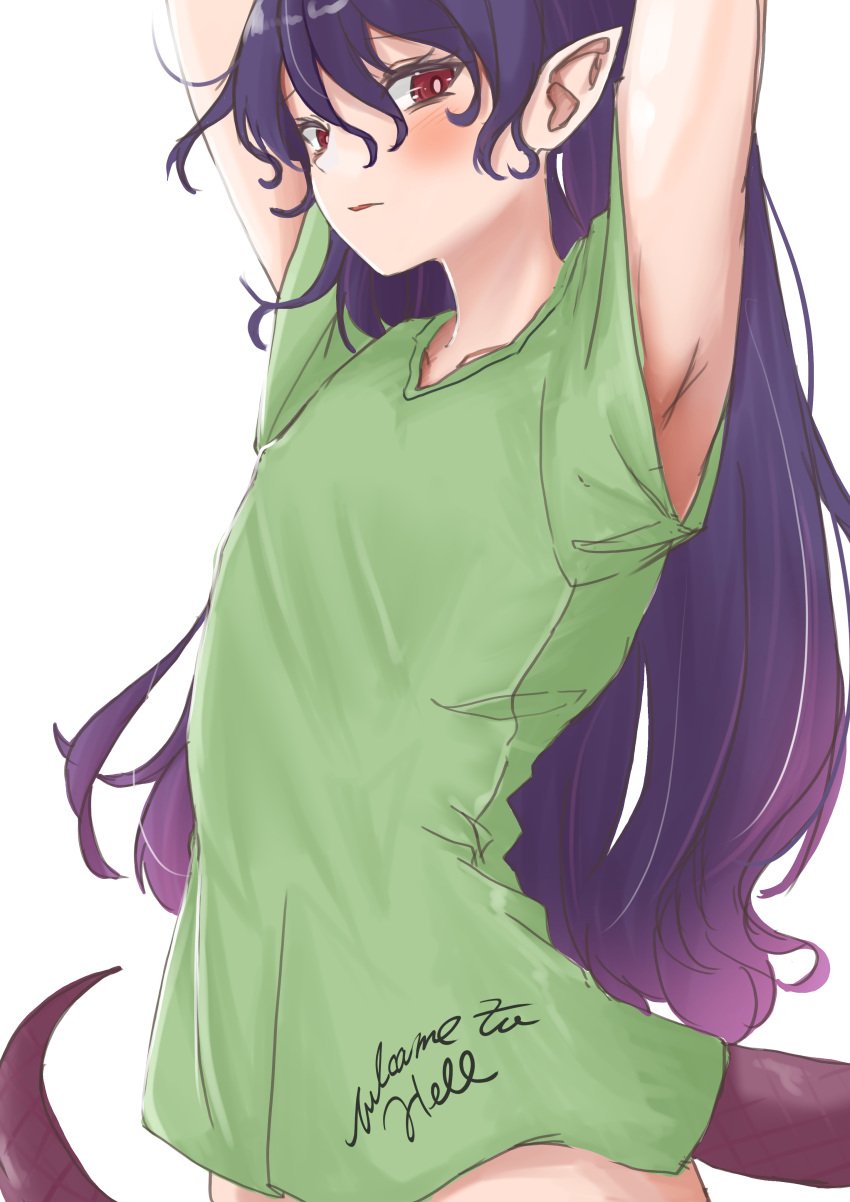 1girls armpits bottomless braless horn kuraki looking_at_viewer no_bra no_panties no_underwear pointy_ears pov purple_hair tail tenkajin_chiyari touhou