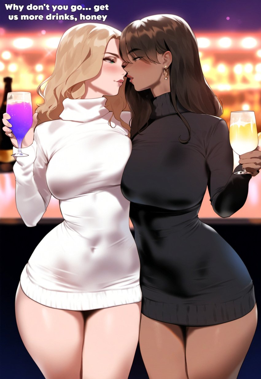 2girls ai_generated alcohol bare_legs bare_thighs big_breasts blonde_hair blush brown_eyes brown_hair cheating clothed clothing color coomersucc dark-skinned_female dark_skin dress english_text female female_focus female_only green_eyes hi_res imminent_kiss large_breasts light-skinned_female light_skin long_hair netorare nightclub ntr original_character solo_female text thick_thighs yuri yuri