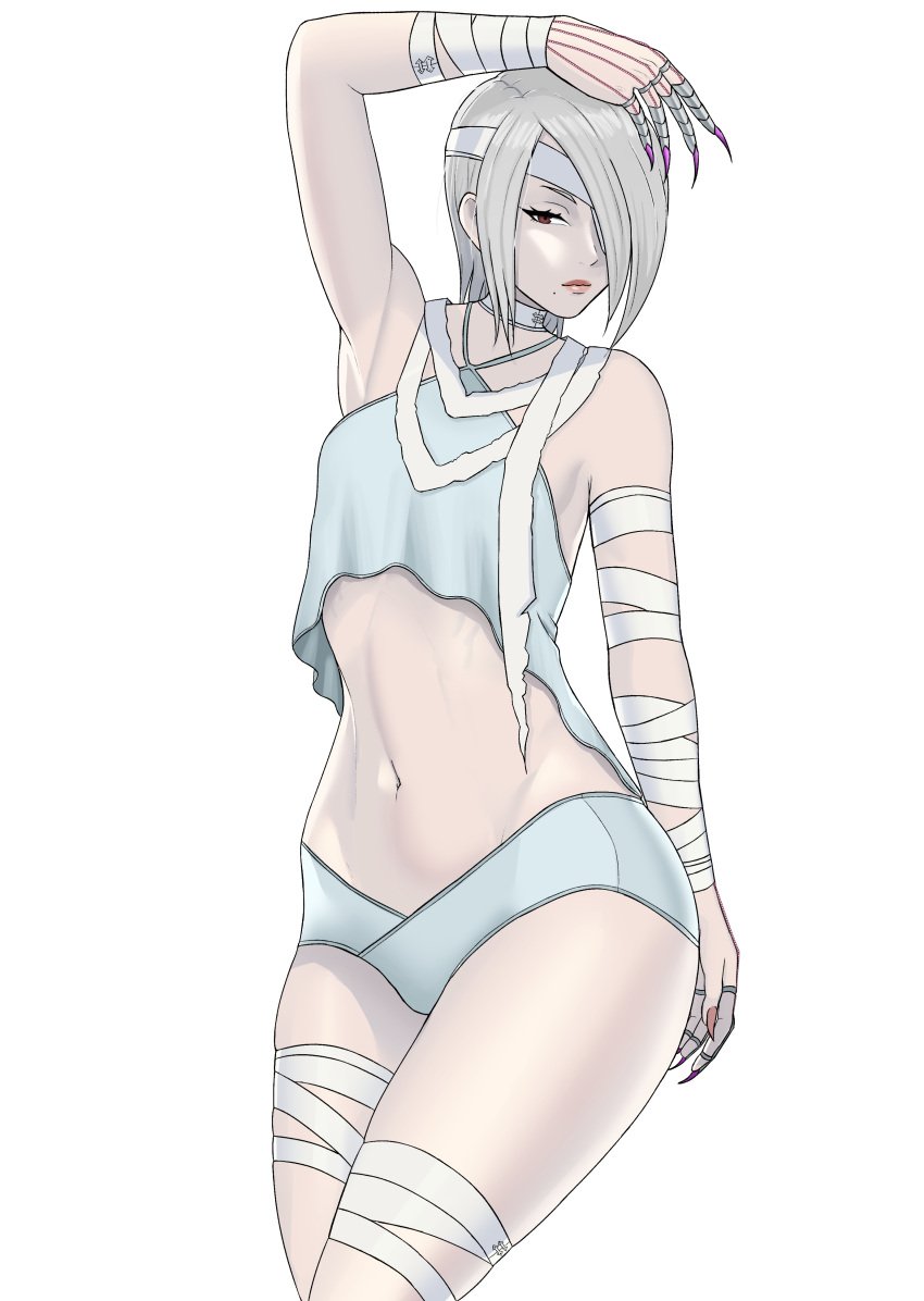 1girls a.k.i. arms_up bandage cleavage female grey_hair looking_at_viewer pindoragon red_eyes street_fighter street_fighter_6 swimsuit tummy white_background