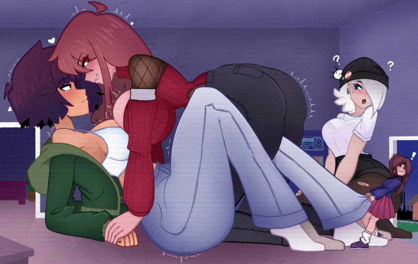 4girls alexis_(juhbuhyuh) amy_(juhbuhyuh) breast_press breast_to_breast breasts breasts_to_breasts fully_clothed giantess huge_ass huge_breasts imminent_lesbian_sex imminent_sex jeans juhbuhyuh mini_giantess room_filling thick_thighs yuri yuri