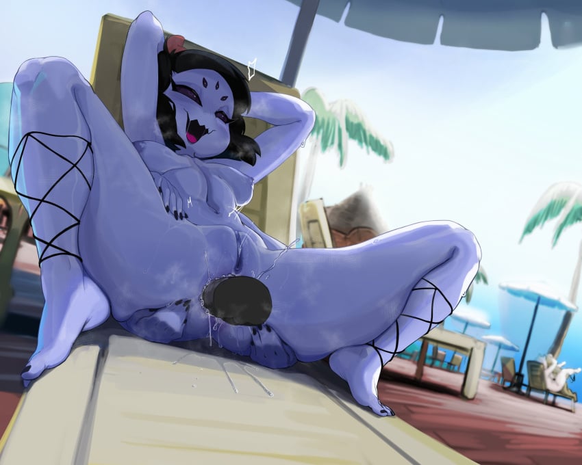 4_arms 5_eyes anal animal_humanoid anthro anus arachnid arachnid_humanoid areola arthropod arthropod_humanoid barefoot black_nails blush breasts closed_smile cock_in_ass detailed_background feet female fingers hair hi_res humanoid mdthetest mouth_closed muffet multi_arm multi_eye multi_limb navel nipples purple_body smile solo_focus spider_humanoid tongue undertale undertale_(series) vulva