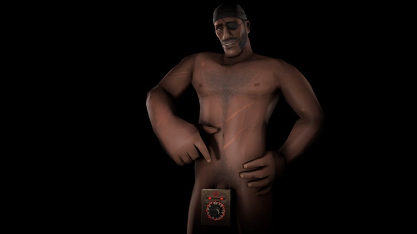 3d bombinomicon book cartoondestroyer chest_hair dark-skinned_male demoman demoman_(team_fortress_2) flaccid gay looking_at_viewer male nude penis_peek pointing_at_penis sfm smirk smug source_filmmaker standing team_fortress_2
