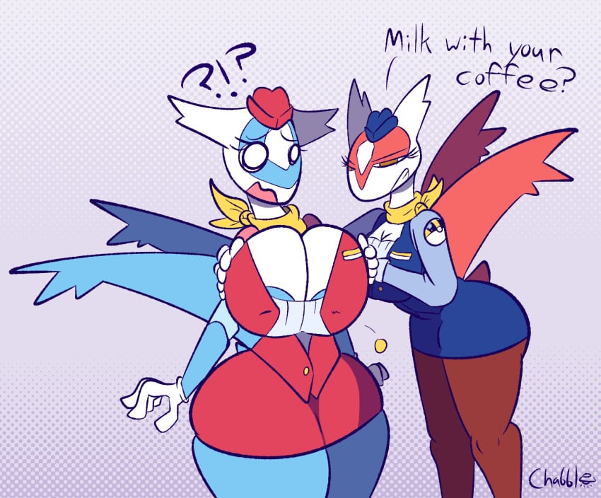 amber_eyes blue_body boob_envy boob_squish breast_envy breasts chabble flight_attendant latias latios no_hair red_body rule_63 rule_63 shocked shocked_expression short_tail tail uniform wings