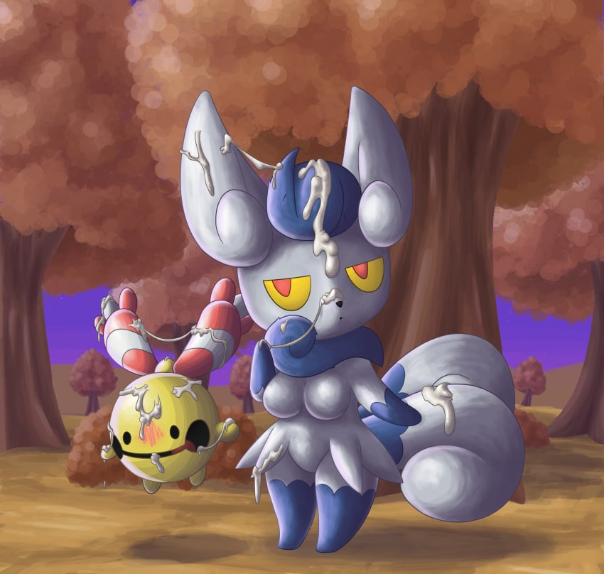 1girls ambiguous_gender blush breasts bukkake chingling cum cum_covered cum_string female furry hi_res high_resolution highres looking_at_viewer meowstic messy nintendo no_humans ole outside pokemon pokephilia tree video_games