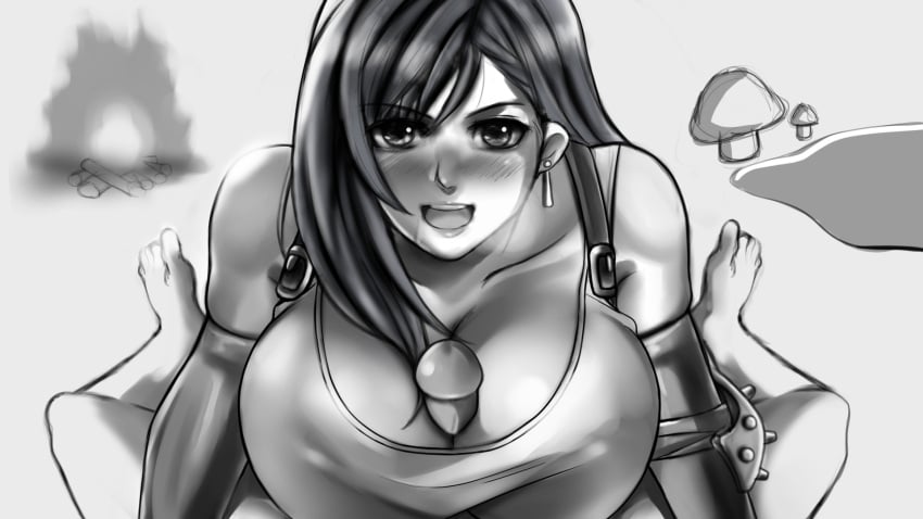 1boy 1girls black_hair blush breasts campfire earrings feiryu female final_fantasy final_fantasy_vii fungus happy highres jewelry large_breasts long_hair looking_at_viewer male monochrome mushroom open_mouth paizuri penis pond saliva shirt sleeveless solo_focus square_enix straight tank_top third-party_edit tifa_lockhart uncensored
