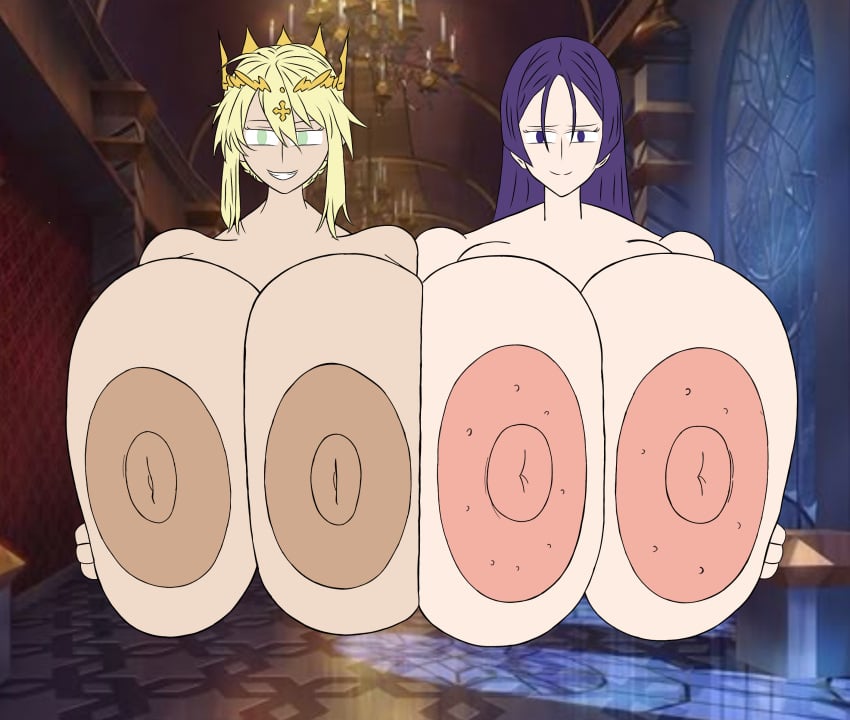 2girls areolae artoria_pendragon_(lancer) darkassla_edits edit fate/grand_order fate_(series) female huge_breasts minamoto_no_raikou_(fate/grand_order) nipples tagme tasteofchoklit_(edit)