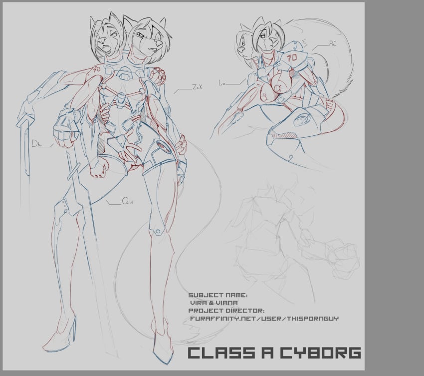 breasts canine conjoined cybernetics cyborg female fox high_heels knife machine mammal mechanical multi_arm multi_head multi_limb pussy sketch sword thispornguy vira_and_viana weapon