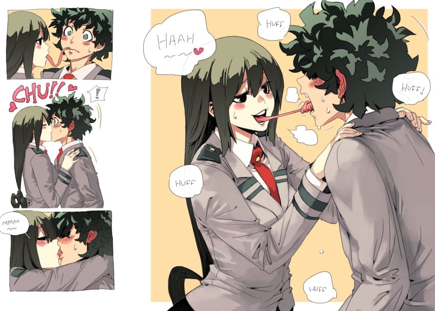 ! 10s 1boy 1girls archvermin asui_tsuyu black_hair blush boku_no_hero_academia comic couple ear_blush french_kiss hair_rings hands_on_shoulders heart heavy_breathing hi_res highres izuku_midoriya kissing long_hair long_tongue low-tied_long_hair midoriya_izuku my_hero_academia school_uniform spoken_heart straight straight surprised tongue tongue_out tsuyu_asui u.a._school_uniform