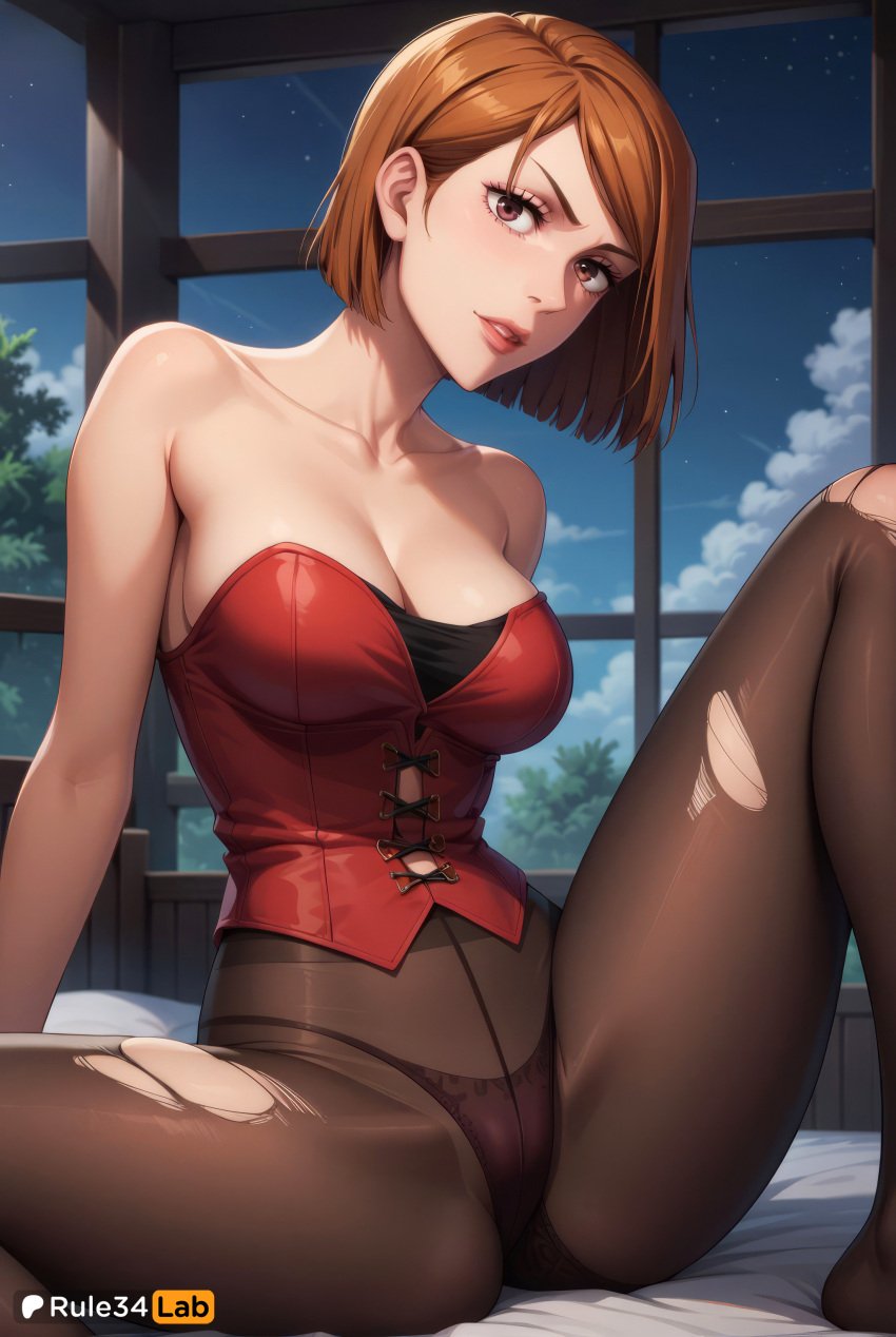 1girls ai_generated artist_name bare_shoulders black_panties black_pantyhose breasts brown_eyes brown_hair brown_pantyhose cleavage collarbone corset female hi_res indoors jujutsu_kaisen knee_up kugisaki_nobara large_breasts lips looking_at_viewer night panties panties_under_pantyhose pantyhose parted_lips patreon_logo patreon_username rule34lab short_hair sitting sky solo spread_legs star_(sky) strapless torn_clothes torn_pantyhose underwear web_address window
