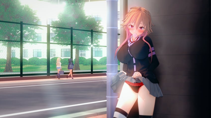 3d 3d_(artwork) 3girls ahoge akira_brave777 blush brown_hair clothed condom condom_in_mouth condom_wrapper exhibitionism female female_focus female_only idolmaster idolmaster_cinderella_girls inviting inviting_to_sex lace lace-trimmed_panties lace_trim light-skinned_female light_skin long_hair multicolored_hair ninomiya_asuka panties pink_eyes pink_hair public public_indecency shirt skirt skirt_lift skirt_lifted_by_self skirt_up solo_focus thigh_highs thighs underwear