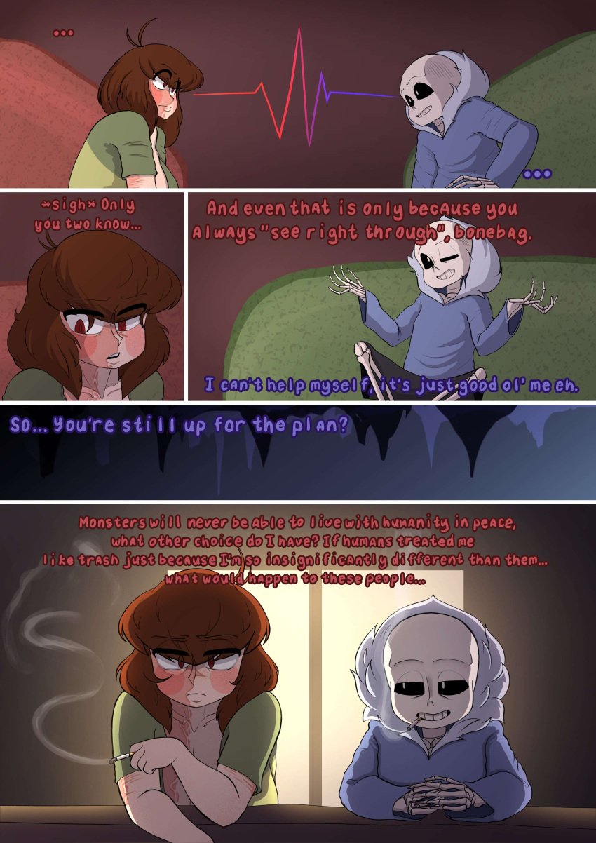 1boy 1girls balcony big_ass burn_scar burning_secrets chara charactober cigarette cigarette_in_mouth comic comic_page couch darky female hi_res highres human human_female jacket male massive_breasts one_eye_closed red_eyes rosy_cheeks sans self_harm_scars sfw skeleton slightly_chubby slightly_chubby_female smoking smoking_cigarette stare staredown striped_shirt voluptuous_female