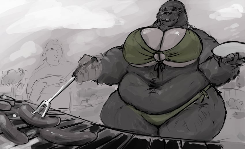 1boy 1girls anthro big_breasts curvy curvy_female doctordj female gorilla grill grilling huge_breasts male thick_thighs voluptuous voluptuous_female