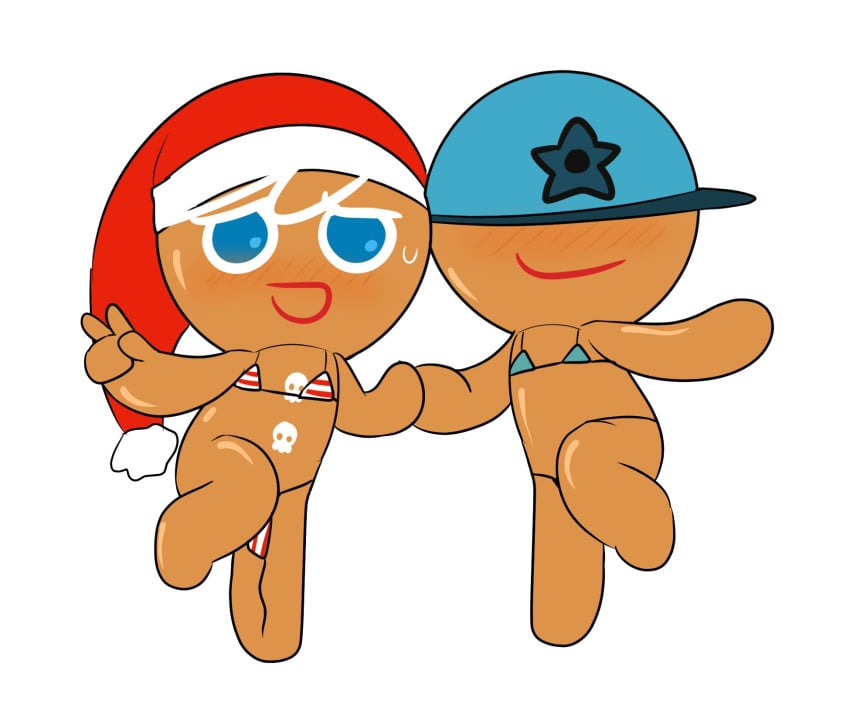 2boys baseball_cap bikini bikini_bottom bikini_top blue_eyes blushing blushing_at_viewer boy brown_body cap cookie cookie_run cookie_run:_tower_of_adventures cookie_run_kingdom cookie_run_ovenbreak devsisters duo duo_male gay gay_male gingerbrave gingerbread_cookie gingerbread_man holding_hands kuwoesque male male_only peace_sign santa_hat skater_cookie skull_ornament skull_symbol sweat sweatdrop sweating sweaty white_hair yaoi