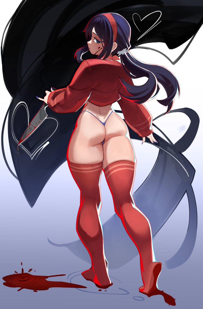 back_view big_ass big_breasts big_butt big_thighs big_titties blood cappie_(miside) clothing cool_mita_(miside) curvaceous curvaceous_female curvaceous_figure curvy curvy_figure curvy_hips exnezo female female_focus female_only long_hair looking_at_viewer miside purple_hair short_hair soles stockings_thigh_highs thigh_highs