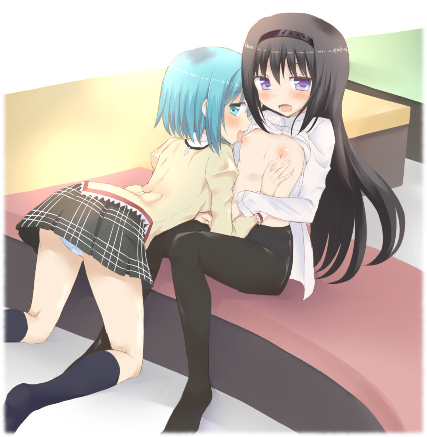 2girls akemi_homura black_hair blue_eyes blue_hair blush female female_only hairband highres licking long_hair mahou_shoujo_madoka_magica miki_sayaka misfit_funny multiple_girls nipple_licking nipples panties pantyhose pantyshot purple_eyes school_uniform short_hair underwear yuri