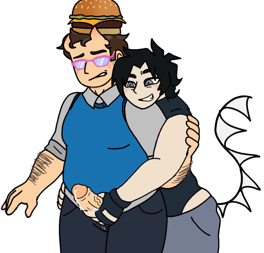 007n7_(forsaken) 1boy 1other clothed cum cum_on_hand dilf fat_male forsaken_(roblox) glasses hairy_male horns jerking_off jerkingoff_another karkatowned tail two_time_(forsaken)