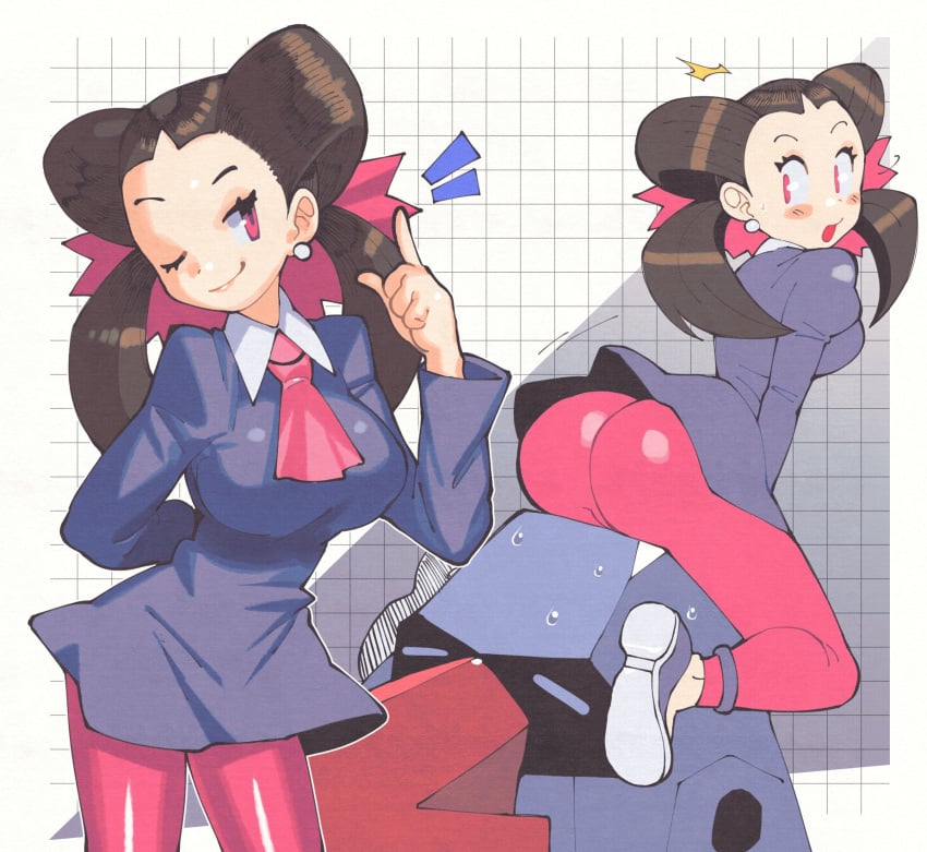 1girls ass blush embarrassed female inkuusan nosepass pokemon pokemon_rse pokemon_trainer roxanne_(pokemon) shocked sitting smirk smug