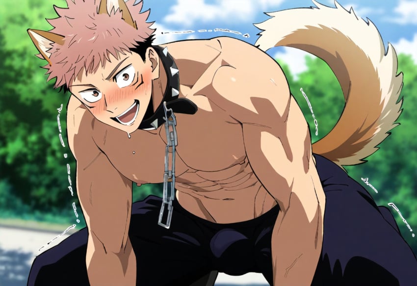 1boy ai_generated anal bara bare_pectorals cum gay itadori_yuuji jujutsu_kaisen male male_focus male_only muscular muscular_male penis solo solo_male yaoi