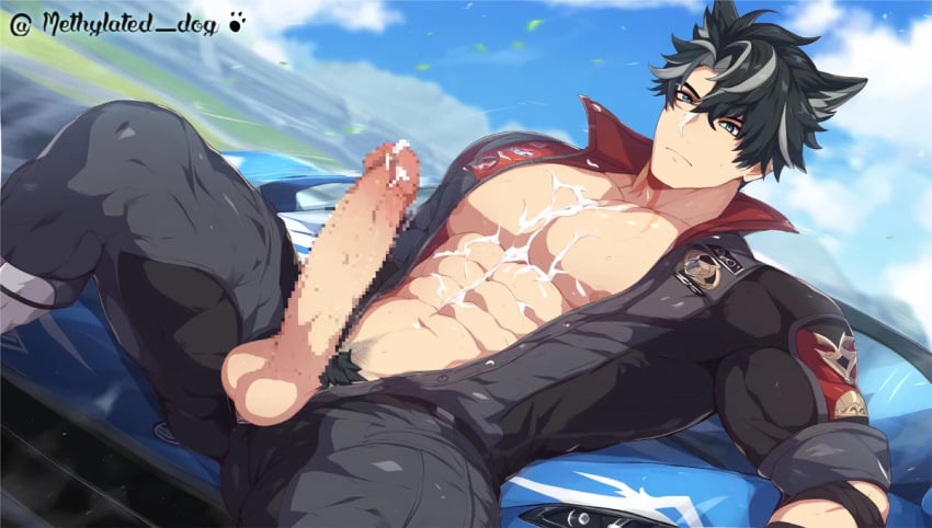 1boy ai_generated anal bara bare_pectorals black_hair censored cum gay genshin_impact male male_focus male_only methylated_dog muscular muscular_male penis solo solo_male wriothesley_(genshin_impact) yaoi