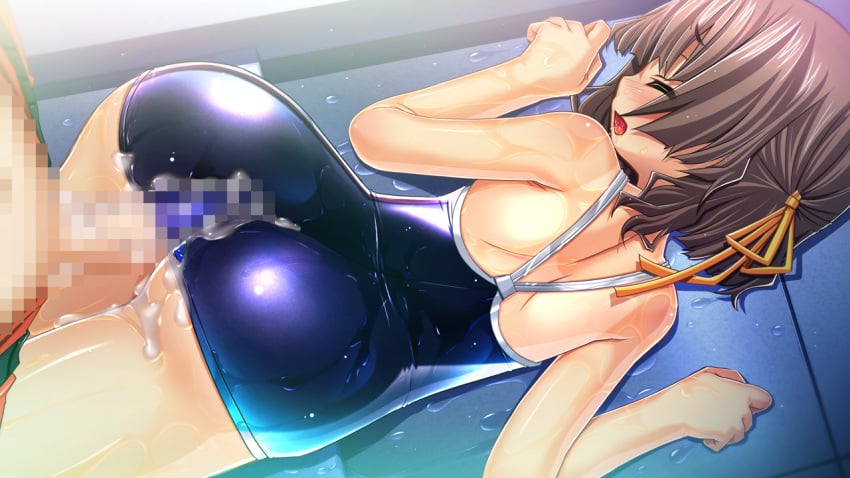 ass blush brown_hair buttjob censored clothes_penetration clothesjob cum cum_on_ass cum_on_body cum_on_clothes cum_on_lower_body ejaculation girl_on_bottom huge_ass lying mosaic_censoring open_mouth outercourse penis penis_under_clothes rubbing sukumizu_tabehoudai swimsuit tied_hair twintails wet