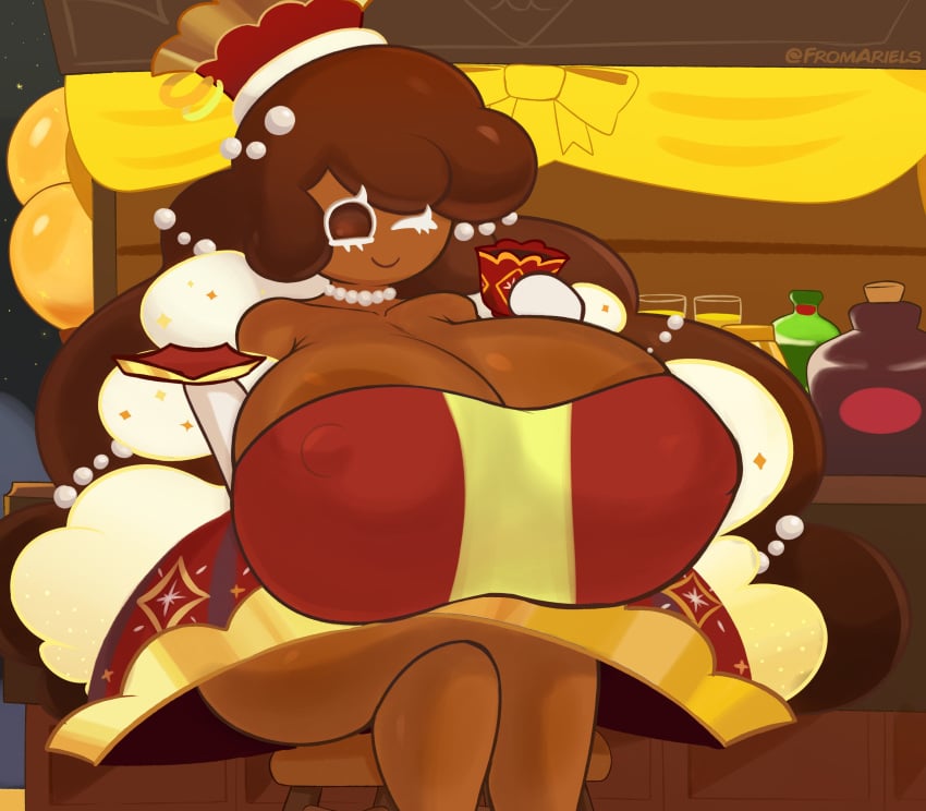 1girls alternate_costume big_breasts brown_eyes brown_hair cocoa_cookie cookie_run cookie_run_kingdom dark-skinned_female fancy_clothing fromariels huge_breasts jewelry large_areolae nipples_visible_through_clothing one_eye_closed smiling