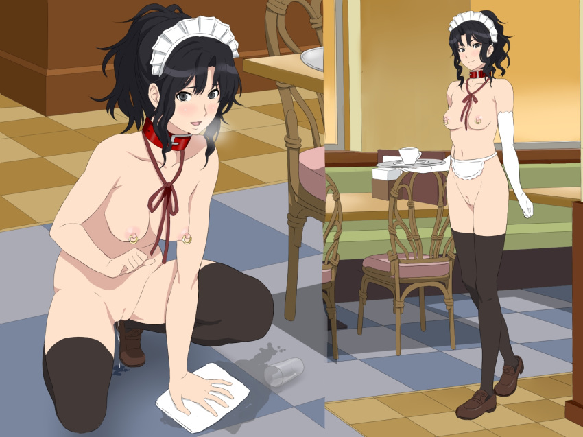 amagami apron black_eyes black_hair blush breasts chair cottage female highres looking_at_viewer nipple_piercing no_panties nude open_mouth ponytail shoes short_hair smile squatting standing tanamachi_kaoru thighhighs tied_hair waitress