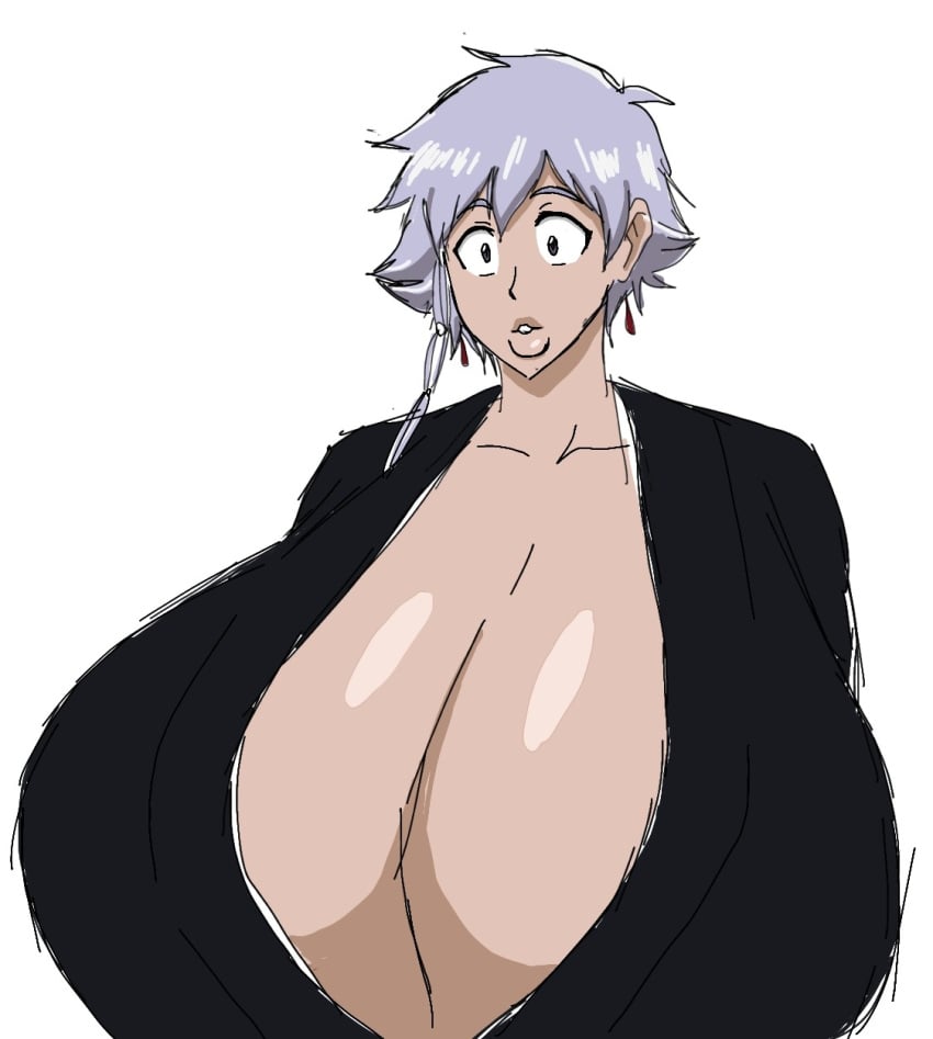 1girls alternate_breast_size bangs big_breasts bleach breasts cleavage clenched_teeth clothing collarbone earrings eyelashes female female_focus female_only gigantic_breasts grey_eyes highres huge_breasts human jewelry kimono kotetsu_isane large_breasts lips momiji_(artist) parted_lips pinup revealing_clothes shiny_skin short_hair silver_hair simple_background skimpy solo solo_female surprised teeth thick_lips voluptuous white_background wide_eyed