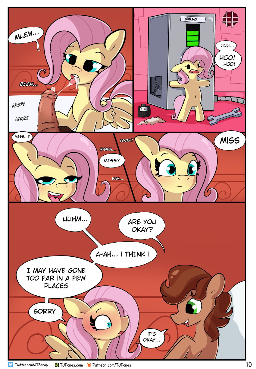 2024 absurd_res after_oral after_orgasm blush comic comic_page dialogue english_text equid equine erection female feral fluttershy_(mlp) friendship_is_magic genitals hair hasbro hi_res horse long_hair lying male mammal my_little_pony mythological_creature mythological_equine mythology nude on_back open_mouth page_10 page_number pegasus penis satisfied smile speech_bubble standing text tjpones tuff_(oc) wings