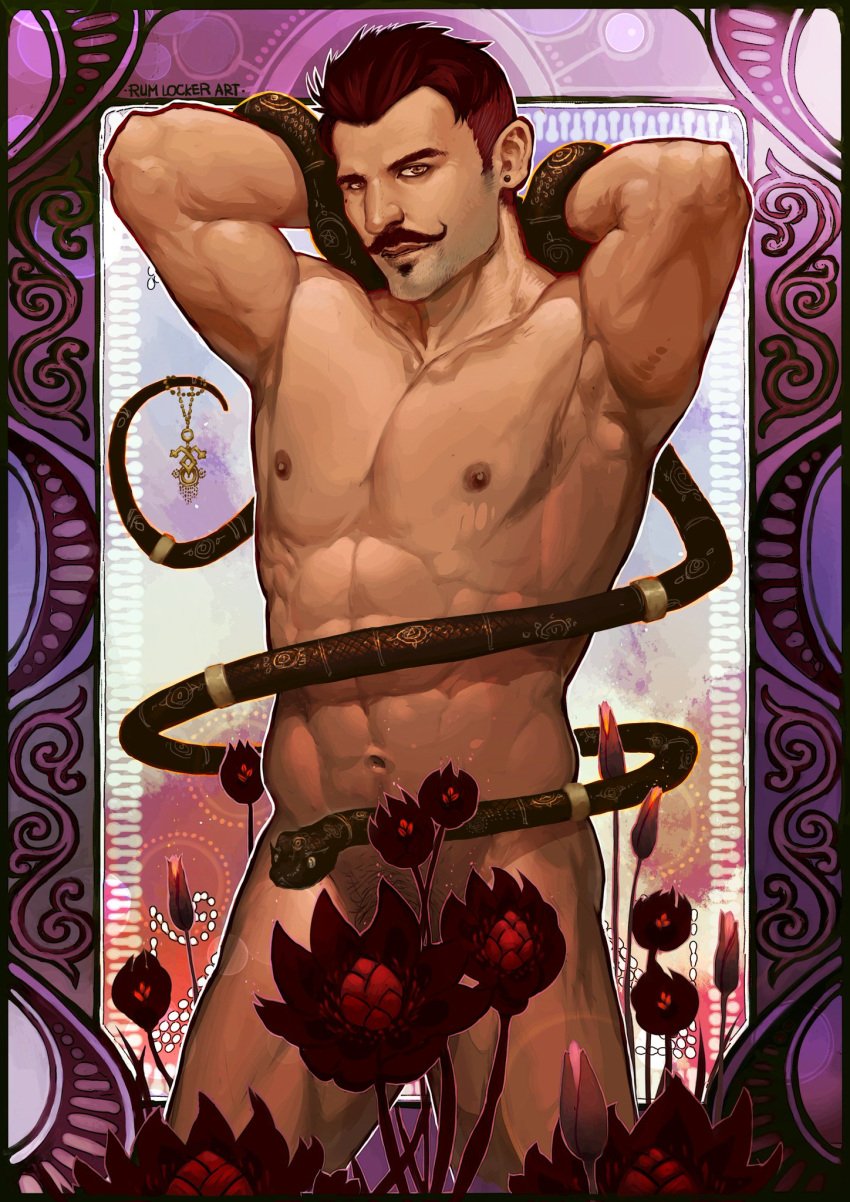 1boy abs amber_eyes arms_behind_head artist_name bara beard_stubble beauty_mark biceps completely_nude dark-skinned_male dark_hair dark_skin dorian_pavus dragon_age dragon_age_inquisition ear_piercing earrings facial_hair flowers gay_male human human_only jewelry looking_at_viewer mage male male_only male_pubic_hair mole moustache moustache muscles muscular muscular_male naked naked_male necklace nipples no_visible_genitalia nude nude_male pecs pendant piercing pockyrumz pubic_hair rumlockerart seductive seductive_look sexy_pose smooth_armpits smooth_chest snake snake_ornament solo solo_male standing standing_position stubble teasing video_games