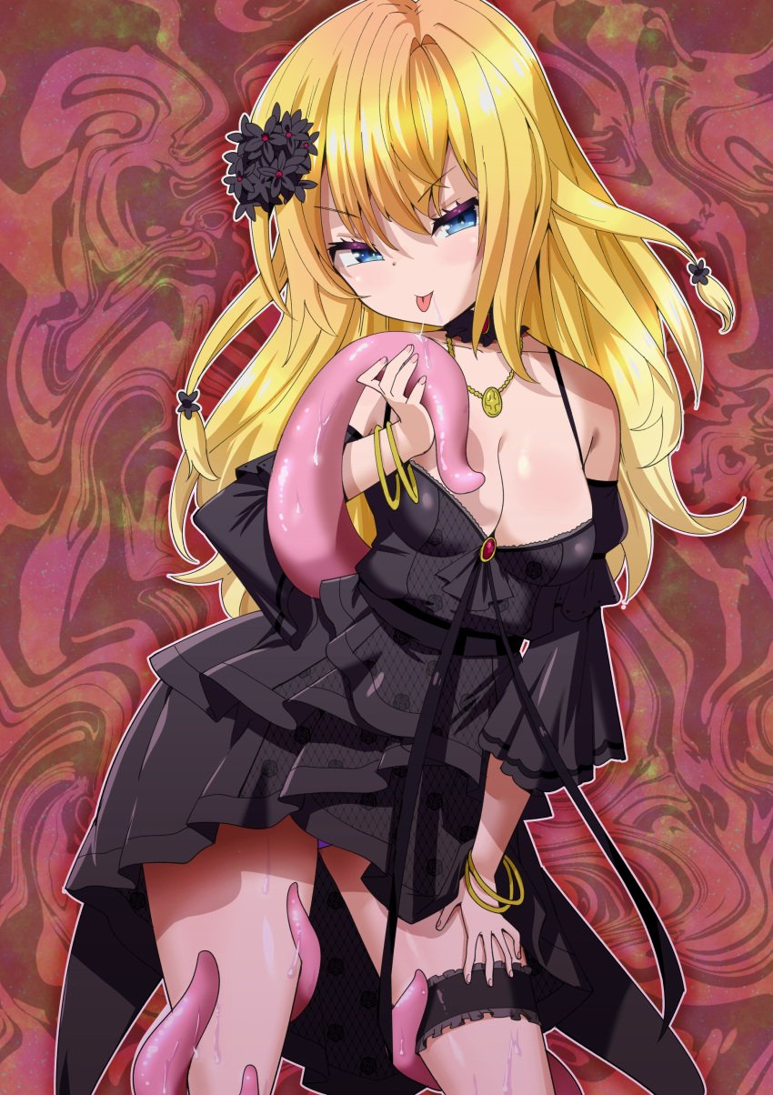 absurdres altea_aquila_(jain_no_ikenie) black_dress blonde_hair blue_eyes blush breasts cleavage collarbone dress female flower hair_flower hair_ornament highres jain_no_ikenie jewelry large_breasts long_hair looking_at_viewer panties pendant purple_panties saliva solo tentacle tentacle_grab toku_sonchou tongue tongue_out underwear