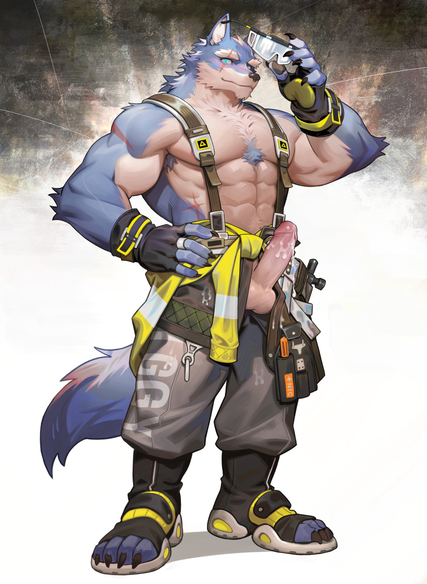 2024 abdominal_scar abs absurd_res anthro balls belt biceps black_clothing black_footwear black_gloves black_handwear black_shoes blue_body blue_eyes blue_fur blue_hair blush bodily_fluids bottomwear canid canine canis chest_tuft claws clothing countershade_torso countershading cum deltoids detailed_background erection eye_scar facial_scar finger_claws fingerless_gloves fly_open footwear fur genital_fluids genitals gloves grey_bottomwear grey_clothing grey_pants hair handwear hi_res holding_goggles jacket_around_waist leaking_cum looking_at_viewer male mammal moodraw pants pawpads pecs penis scar screwdriver shoes shoulder_scar solo standing suspenders text text_on_clothing toe_claws toeless_footwear toeless_shoes tools tuft utility_belt viktor_(storiaxion) white_body white_fur wolf