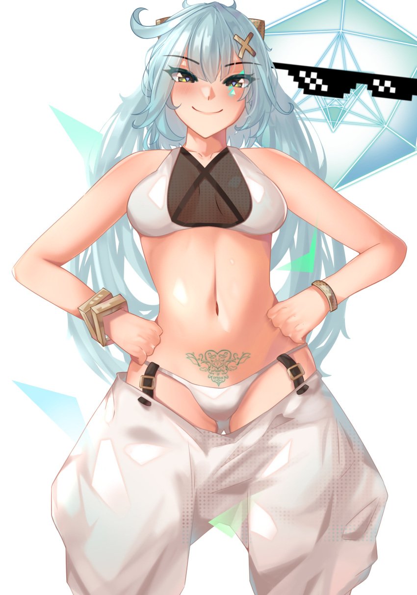 1girls breasts clothed clothed_female faruzan_(genshin_impact) female genshin_impact light-skinned_female light_blue_hair light_skin looking_at_viewer medium_breasts pinkius pubic_tattoo streetwear thick_thighs twintails