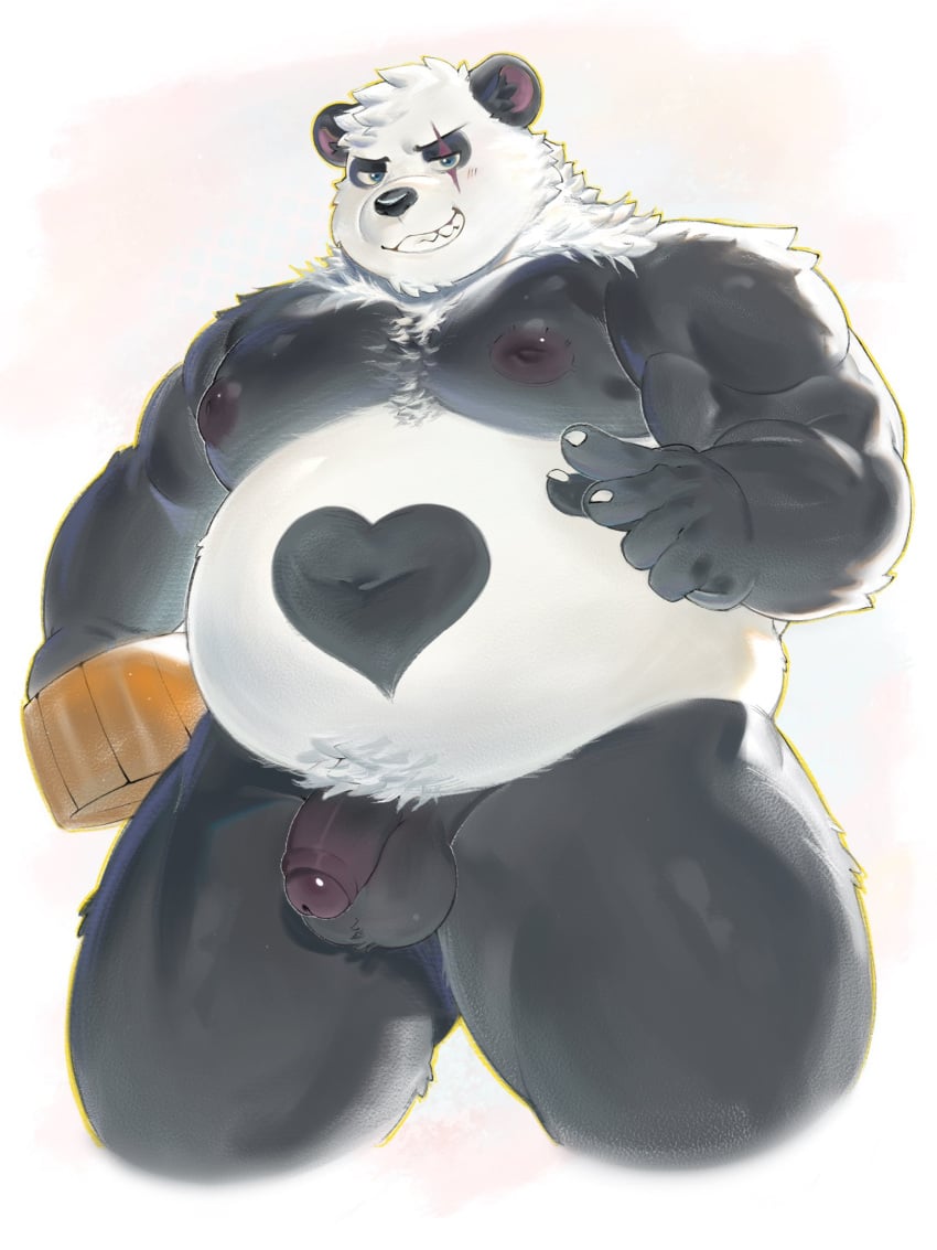 2024 anthro balls bear belly big_belly black_body black_nose fur genitals giant_panda hi_res humanoid_genitalia humanoid_hands humanoid_penis kemono male mammal moobs navel nipples nuhoangxitray overweight overweight_male penis scar simple_background solo white_body white_fur