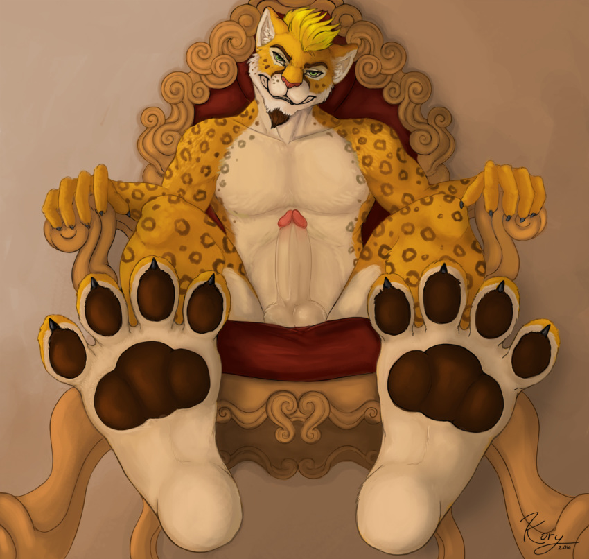 2014 anthro balls biceps blonde_hair facial_hair feline foot_focus fur furry goatee green_eyes grin hair kory leopard looking_at_viewer male male_only mammal muscles paws pecs penis reclining sitting solo throne toned