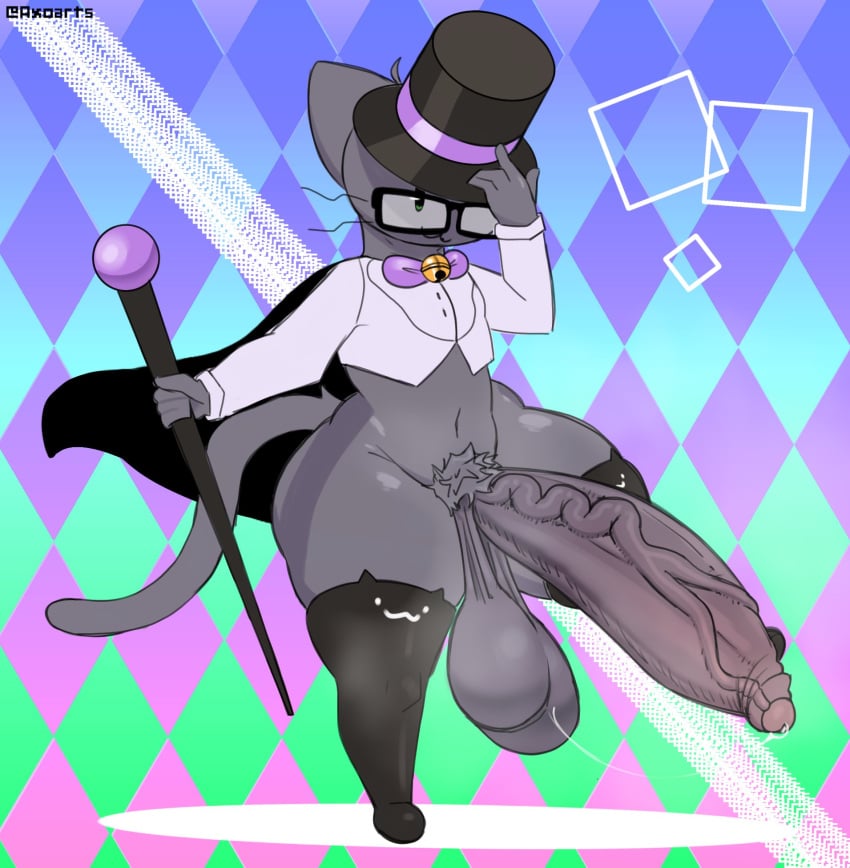 2024 anthro ass axo_(axoarts) axoarts balls bell bell_bow big_balls big_butt big_penis black_cape black_clothing black_eyewear black_glasses black_hat black_headwear black_legwear black_thigh_highs black_top_hat bodily_fluids bottomless bow_tie cape cat_face_stockings clothed clothing crop_top digital_media_(artwork) domestic_cat eyewear felid feline felis front_view fur genital_fluids genitals glasses green_eyes grey_body grey_ears grey_fur grey_hair grey_tail hair hand_on_hat hat headgear headwear hi_res holding_object holding_staff huge_balls huge_cock hyper hyper_balls hyper_genitalia hyper_penis legwear looking_at_viewer magician magician_hat male mammal multicolored_clothing multicolored_legwear multicolored_thigh_highs navel one_leg_up partially_clothed penis pose precum precum_string purple_bow_tie purple_clothing purple_hat purple_headwear purple_top_hat raised_leg shirt smile solo staff tail thick_thighs thigh_highs top_hat topwear two_tone_clothing two_tone_hat two_tone_legwear two_tone_thigh_highs two_tone_top_hat vein veiny_penis whiskers white_clothing white_crop_top white_legwear white_shirt white_thigh_highs white_topwear