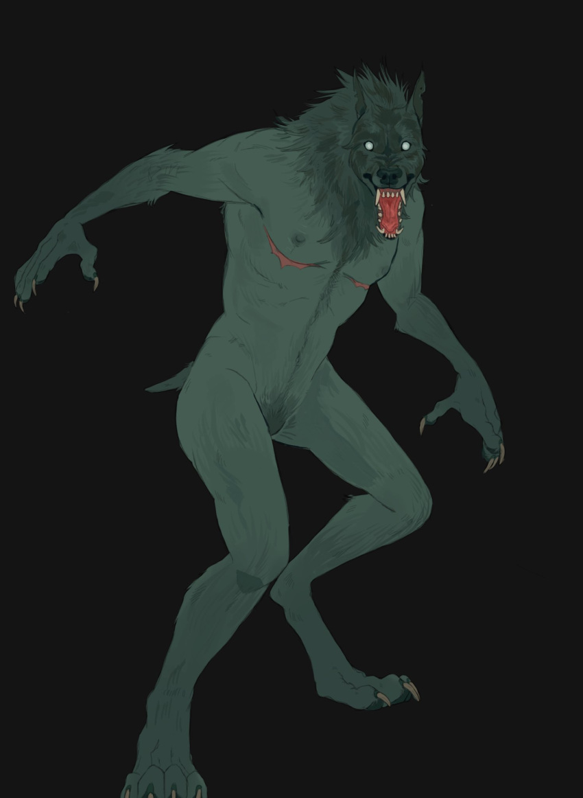 anthro black_background canid canine claws featureless_crotch fur fur_growth glowing glowing_eyes growth hi_res human looking_at_viewer male mammal mastectomy_scar mythological_canine mythological_creature mythology nipples no_pupils nude open_mouth opossumkaiju pubes scar sharp_teeth simple_background solo tail tail_growth teeth torn_ear werewolf