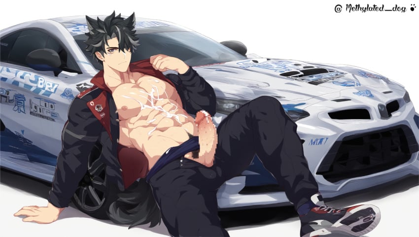 1boy ai_generated anal bara bare_pectorals black_hair censored cum gay genshin_impact male male_focus male_only methylated_dog muscular muscular_male penis solo solo_male wriothesley_(genshin_impact) yaoi