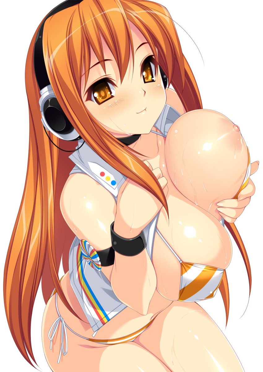 areolae armband bare_shoulders beatmania beatmania_iidx bikini blush breast_lift breasts collarbone female fingernails headphones highres huge_breasts kinoshita_ichi light_smile long_hair looking_at_viewer looking_up navel nipples open_clothes open_shirt open_vest orange_eyes orange_hair shirt side-tie_bikini simple_background solo striped striped_bikini striped_swimsuit swimsuit umegiri_iroha vest wet white_background wristband