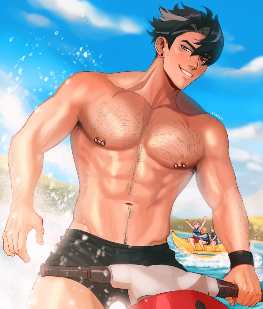 1boy 1male arm_hair armpit_hair bara beach biceps black_hair blue_eyes body_hair chest_hair gay gay_male genshin_impact grin hairy hairy_armpits happy_trail hunk jock looking_at_viewer male male_focus male_nipples male_only male_solo muscles muscular_male nipples pecs pectorals pierced_ears pierced_nipples six_pack smirk sombre_slahc swimming_trunks water wriothesley_(genshin_impact) yaoi