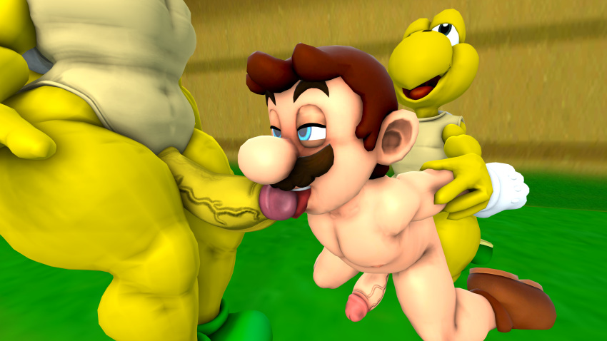 3boys 3d anal anal_penetration anal_sex animal_genitalia animal_penis blue_eyes bottomless brown_hair footwear gay gay_anal gay_sex holding_arm human kneeling koopa koopa_troopa licking male male/male male_focus male_only mario mario_(series) naked nintendo non-human nude outdoors penis penis_lick sex sfm shoes short_hair smile source_filmmaker standing supaphreak super_mario_bros. tongue tongue_out toony topless yaoi