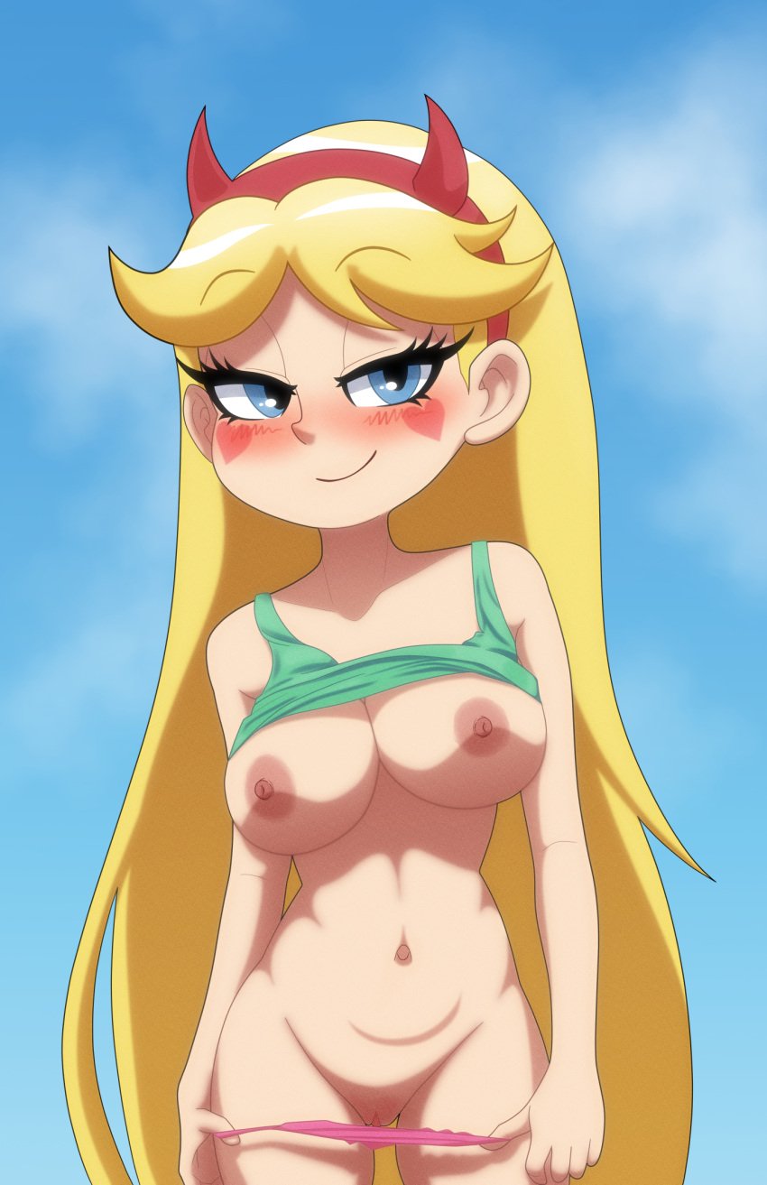 1girls blonde_hair blue_eyes blue_sky blushing female functionally_nude hairband heart_symbol horned_hairband imminent_sex large_breasts looking_at_viewer mostly_nude panties_down pinup presenting r4x4nclh seductive shirt_pulled_up shirt_up solo star_butterfly star_vs_the_forces_of_evil undressing very_long_hair