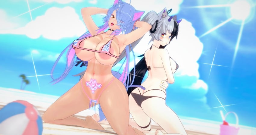 2girls 3d ahoge animal_ears areola_slip areolae arms_behind_head arms_crossed arms_up ass beach beach_ball big_areola big_ass big_breasts big_nipples bikini black_hair blue_eyes blue_hair breasts brown_eyes cat_ears cat_tail catgirl choker deluxe_rosie demon_girl demon_horns demon_tail erect_nipples eyes_visible_through_hair female female_only grey_hair heart_ahoge heterochromia hips hourglass_figure huge_breasts indie_virtual_youtuber light-skinned_female light_skin lipstick long_hair looking_at_viewer micro_bikini miwo_(vtuber) multicolored_hair nipple_bulge ocean on_knees open_mouth orange_eyes outdoors pink_hair pink_nails pubic_tattoo rosie_(vtuber) sand sitting sky string_bikini sun tail tan-skinned_female tan_body tan_skin tanline tattoo thick_thighs thighs thin_waist tongue twintails virtual_youtuber wide_hips yellow_nails